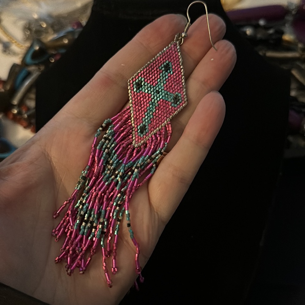 Large Dangle Beaded Statement Earrings With Cross… - image 4